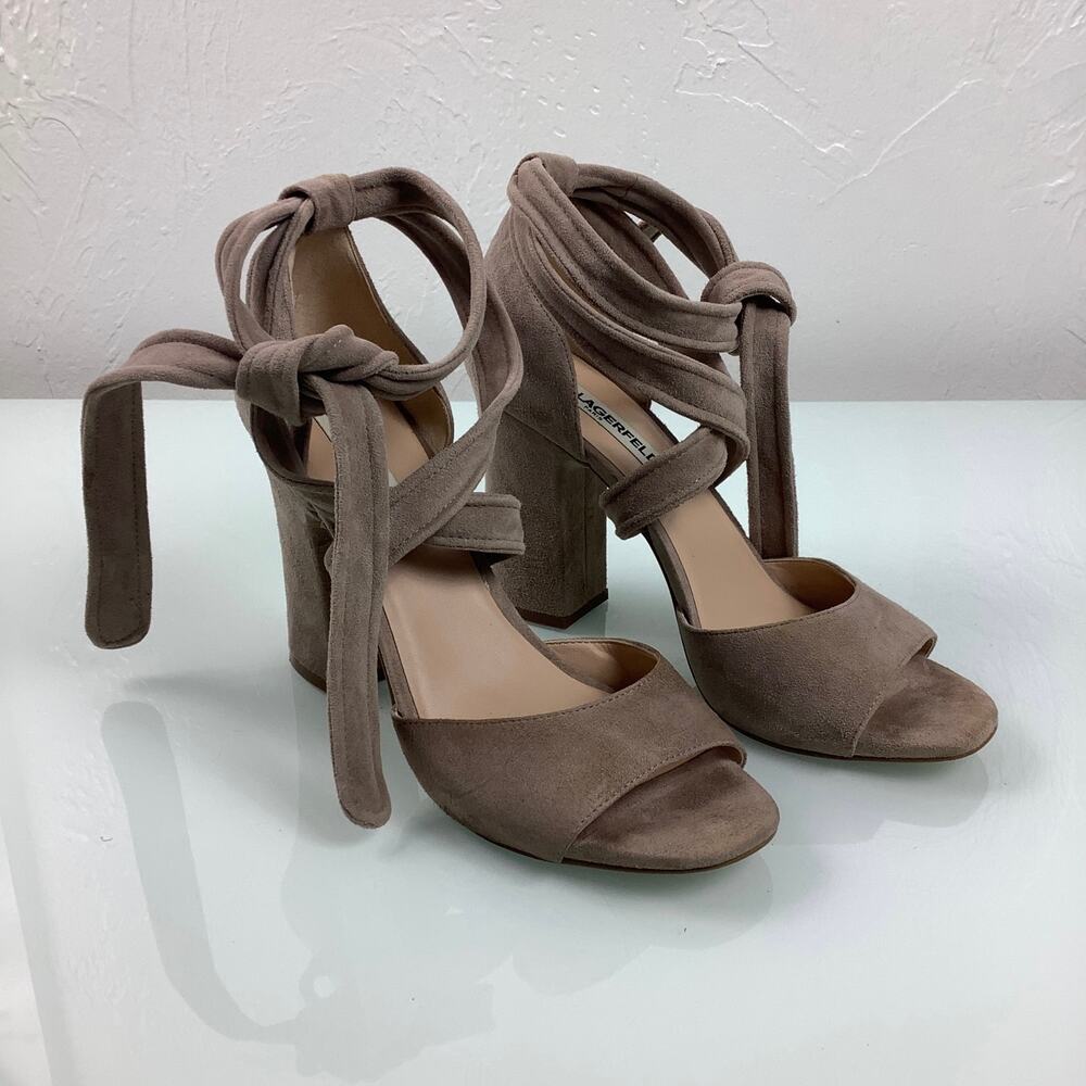 Karl Lagerfeld Racha Nude Suede Ankle tie Block heels warp sandals SZ 7.5M - Picture 2 of 12